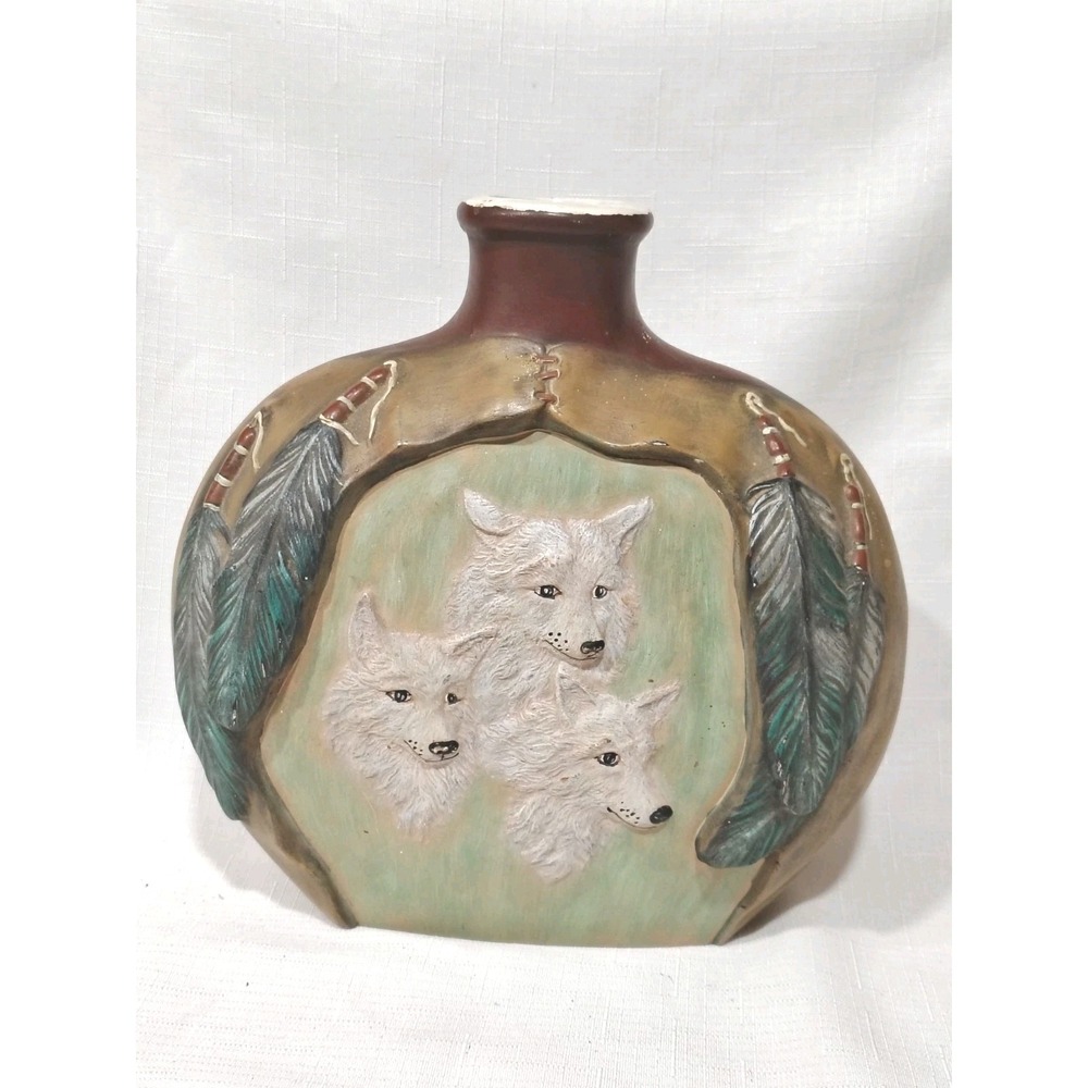 Provincial Mold 81 Handpainted 3 Wolves & Feathers Vase / Decanter No Lid 8.5"